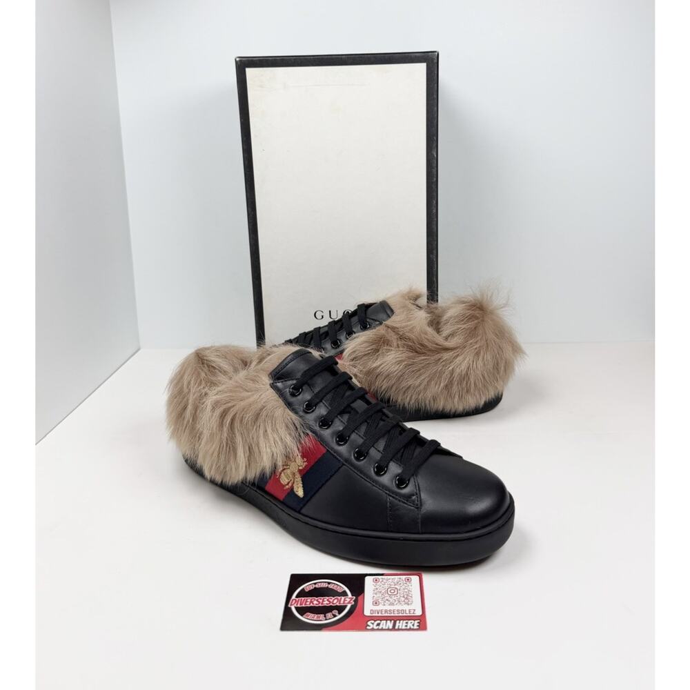 Size 11US - Gucci Ace Web Embroidered Fur/Leather Sneakers🖤 NEW/RETAIL $830!